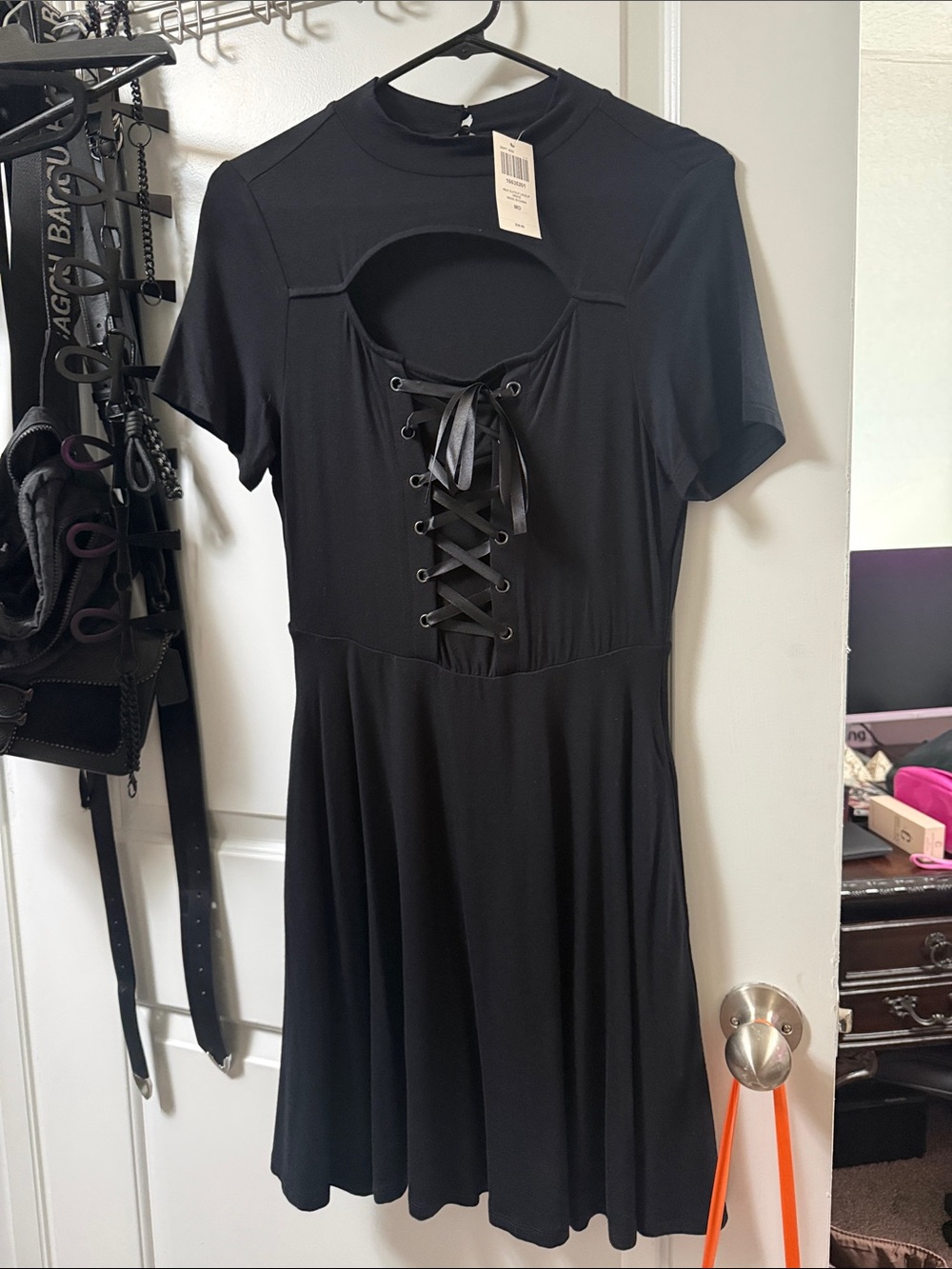 Black Lace-Up Cutout Short Sleeve Dress